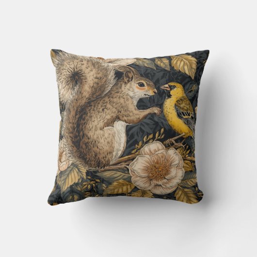 Squirrel and Yellow Canary with Flowers Pattern クッション (裏面)