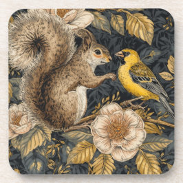 Squirrel and Yellow Canary with Flowers Pattern コースター