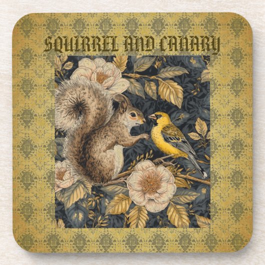 Squirrel and Yellow Canary with Flowers Pattern コースター (正面)