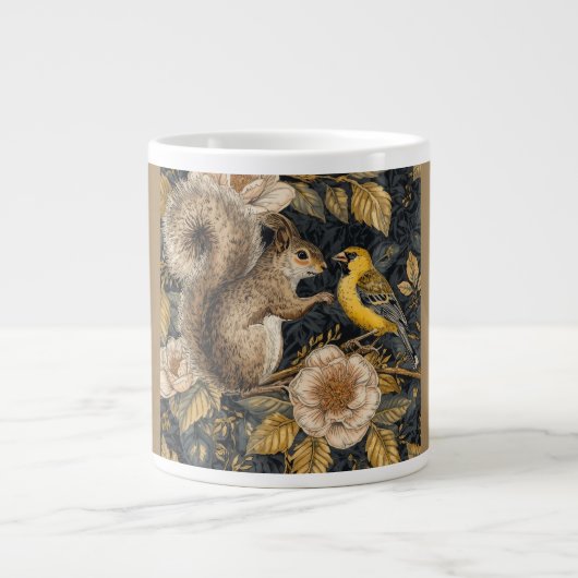 Squirrel and Yellow Canary with Flowers Pattern ジャンボコーヒーマグカップ (正面)