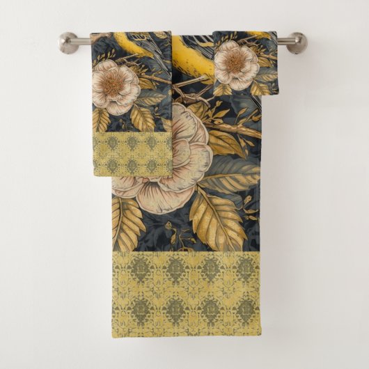 Squirrel and Yellow Canary with Flowers Pattern バスタオルセット (インサイチュ)