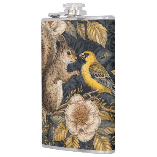Squirrel and Yellow Canary with Flowers Pattern フラスク (左)