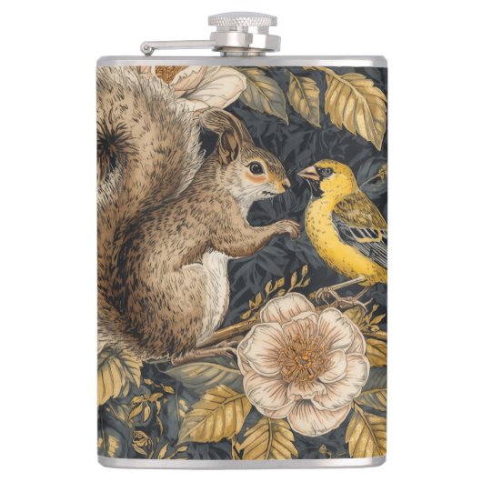 Squirrel and Yellow Canary with Flowers Pattern フラスク (正面)