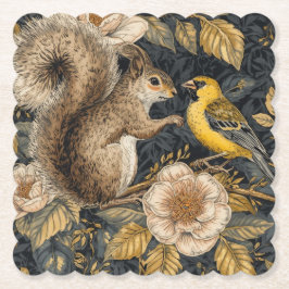 Squirrel and Yellow Canary with Flowers Pattern ペーパーコースター