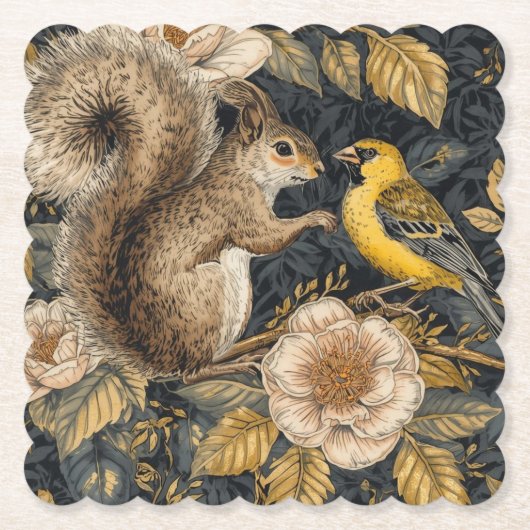 Squirrel and Yellow Canary with Flowers Pattern ペーパーコースター (正面)