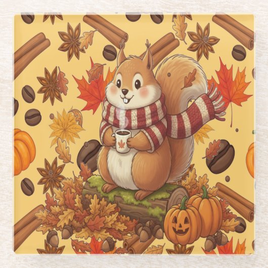 Squirrel Autumn and Pumpkin and Coffe ガラスコースター (正面)