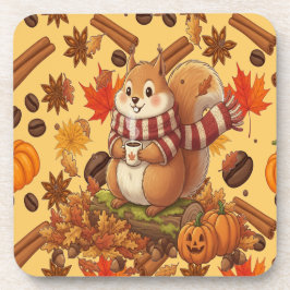 Squirrel Autumn and Pumpkin and Coffe コースター