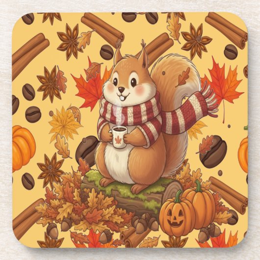 Squirrel Autumn and Pumpkin and Coffe コースター (正面)