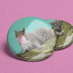 Squirrel Blowing a Bubblegum Bubble Animal Photo 缶バッジ<br><div class="desc">Add some fun to your outfit with this quirky,  but cute button. The photo collage depicts a gray squirrel on the side of a mossy tree blowing a bubble with some pink bubblegum.</div>