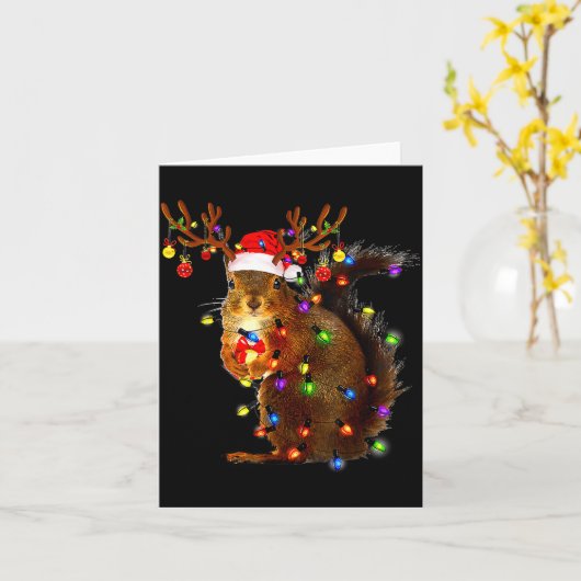 Squirrel Christmas Tree Lights Reindeer Santa Hat  カード (黄色い花)