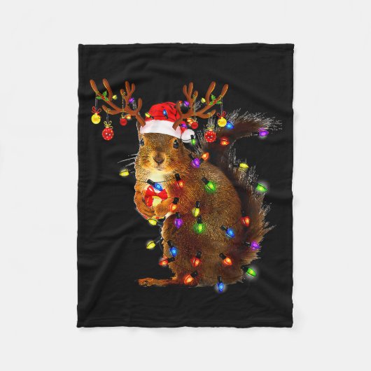 Squirrel Christmas Tree Lights Reindeer Santa Hat  フリースブランケット (正面)