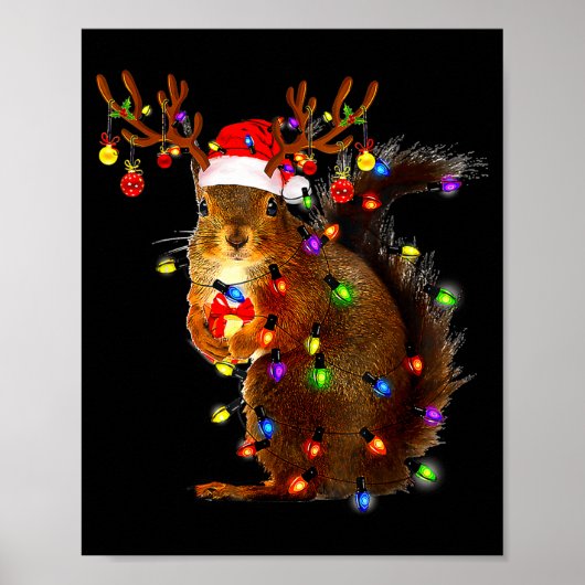 Squirrel Christmas Tree Lights Reindeer Santa Hat  ポスター (正面)