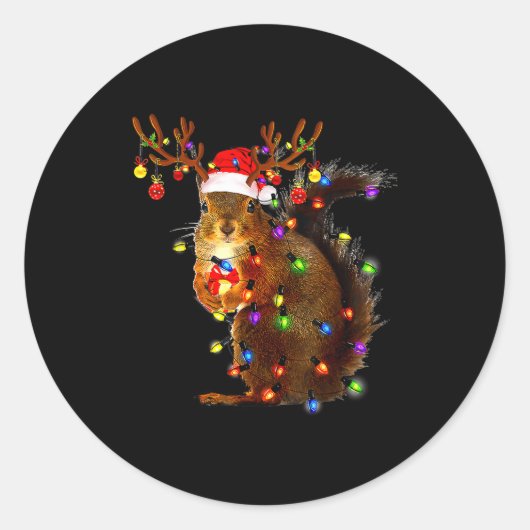 Squirrel Christmas Tree Lights Reindeer Santa Hat  ラウンドシール (正面)