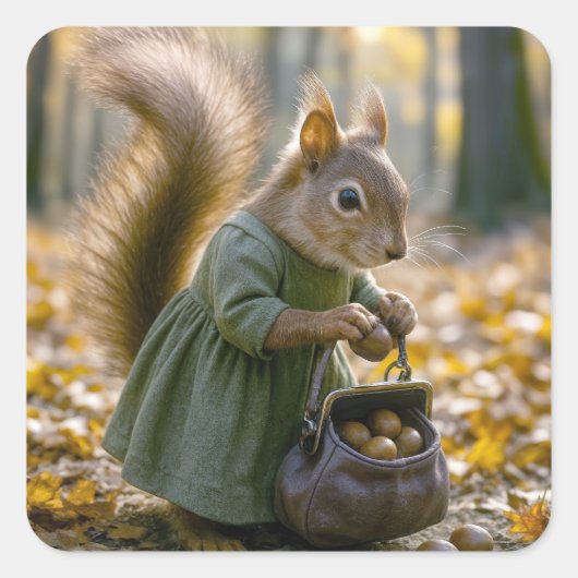 Squirrel Gathering Nuts In Her Purse スクエアシール (正面)
