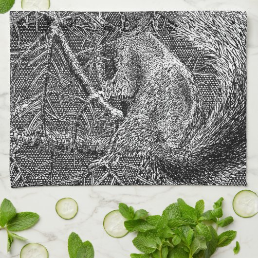 Squirrel in Christmas Tree キッチンタオル (折り畳み)