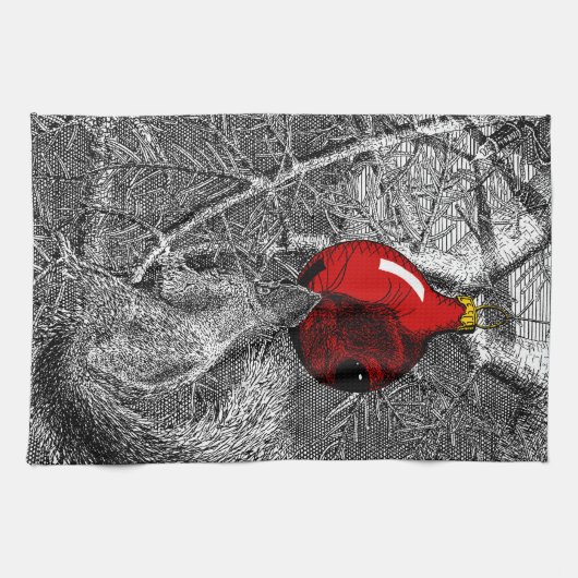 Squirrel in Christmas Tree キッチンタオル (横)