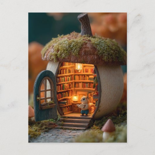 Squirrel Library Inside a Mossy Acorn House ポストカード (正面)