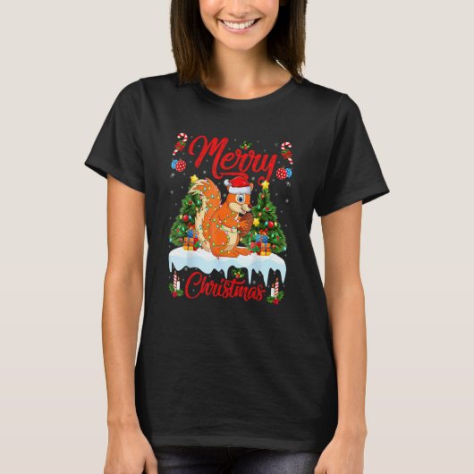 Squirrel Lights Xmas Tree Santa Squirrel Christmas Tシャツ (正面)
