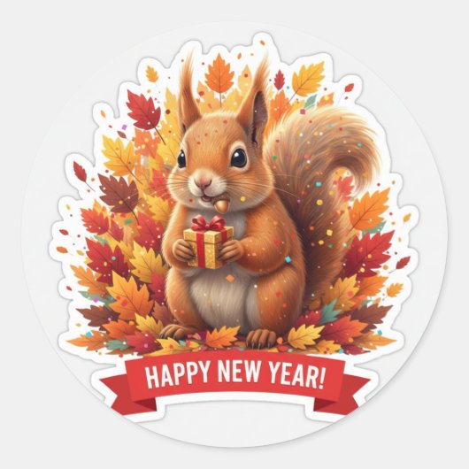 Squirrel New Year Party Sticker ラウンドシール (正面)