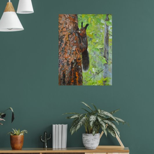 Squirrel on Pine Tree – Realistic Oil Painting ポスター (リビング1)