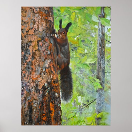 Squirrel on Pine Tree – Realistic Oil Painting ポスター (正面)