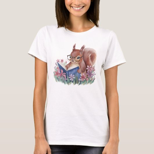Squirrel Reading A Book, Nestled In Flowers Tシャツ (正面)