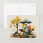 Squirrel Reading Books Under an Umbrella ポストカード (正面/裏面)