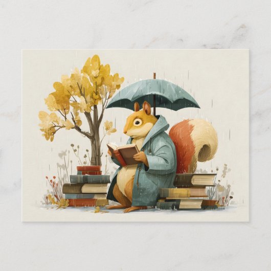 Squirrel Reading Books Under an Umbrella ポストカード (正面)