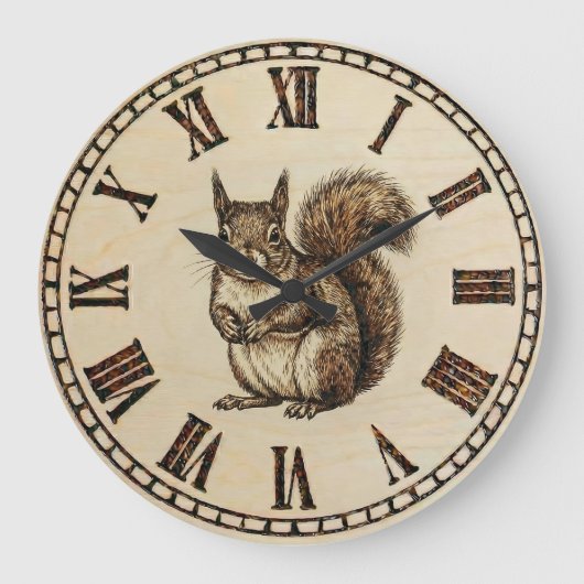 Squirrel Wall Clock _ Wood-Burned style  ラージ壁時計 (正面)
