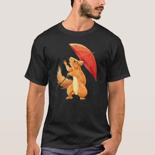 Squirrel with Umbrella in the Rain  Men Women Chil Tシャツ (正面)
