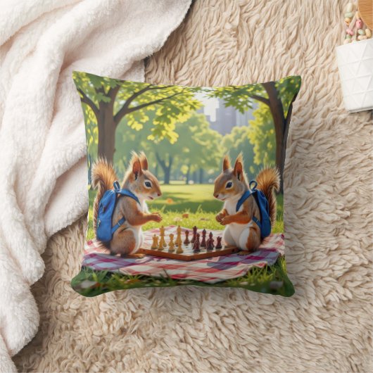 Squirrels Playing Chess In a City Park クッション (ブランケット)