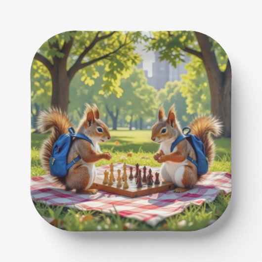 Squirrels Playing Chess In a City Park ペーパープレート (正面)