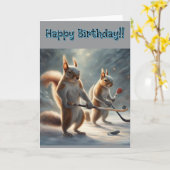 Squirrels playing Hockey Birthday カード (黄色い花)