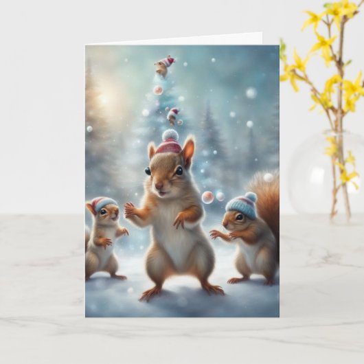 Squirrels playing in the snow Christmas カード (黄色い花)
