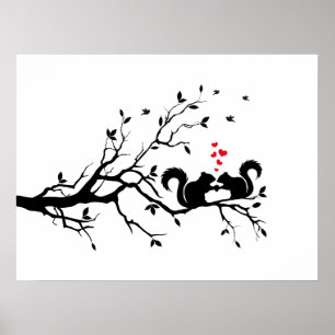 Squrrels with red hearts on tree branch ポスター