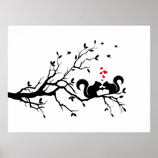 Squrrels with red hearts on tree branch ポスター (正面)