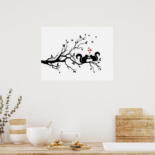 Squrrels with red hearts on tree branch ポスター (キッチン)