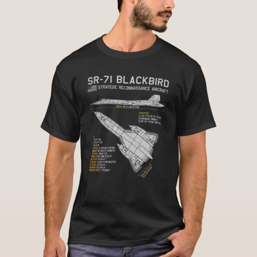 SR-71 Blackbird航空機スパイ飛行機青写真データ Tシャツ (正面)