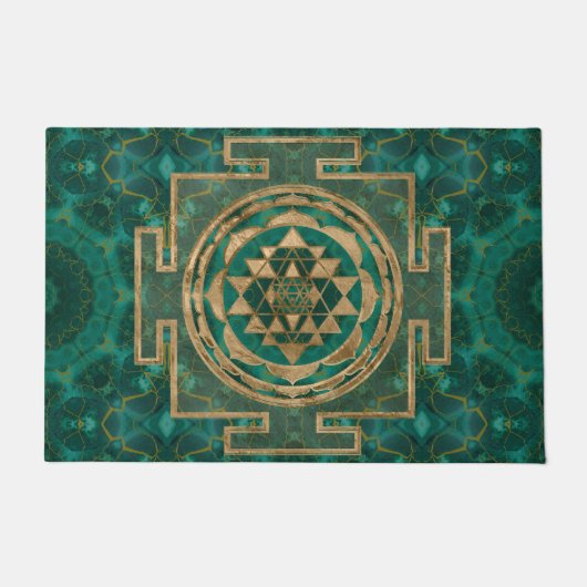 Sri Yantra/Sriのチャクラのマラカイトおよび金ゴールド ドアマット (正面)