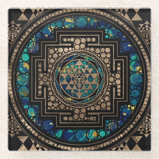 Sri Yantra/Sriのチャクラの大理石および金ゴールド ガラスコースター (正面)