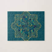 Sri Yantra/Sriのチャクラの金ゴールド、大理石およびティール(緑がかった色) ジグソーパズル (横)