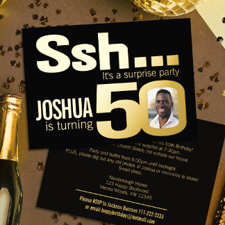 Ssh... サプライズ50歳の誕生日パーティー ゴールド ブラック 箔招待状
