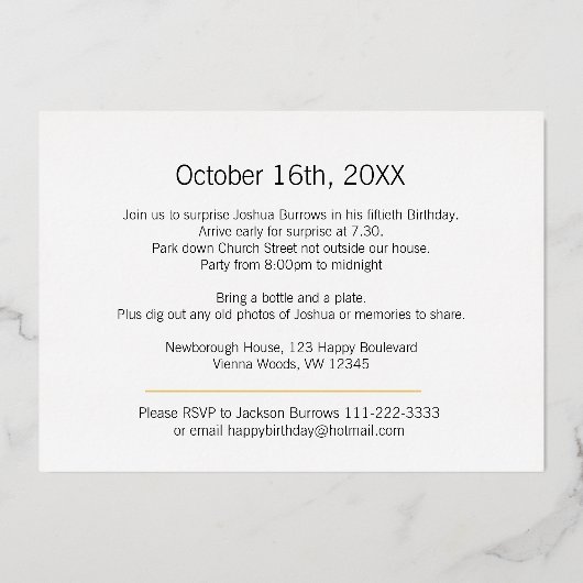 ssh...サプライズ60th誕生日パーティー金ゴールドブラック 箔招待状 (裏面)