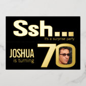 ssh...サプライズ70th誕生日パーティー金ゴールドブラック 箔招待状 (正面)