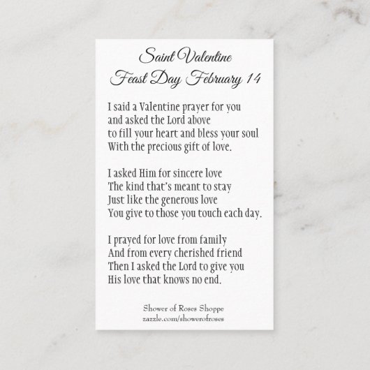 St.テレーズが付いているバレンタインデーの祈りの言葉の神聖なカード 名刺 (裏面)