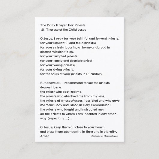 St.テレーズの神聖なカードによる司祭のための毎日の祈りの言葉 名刺 (裏面)