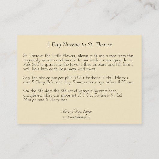 St.テレーズの5日間のNovenaの祈りの言葉カード 名刺 (裏面)