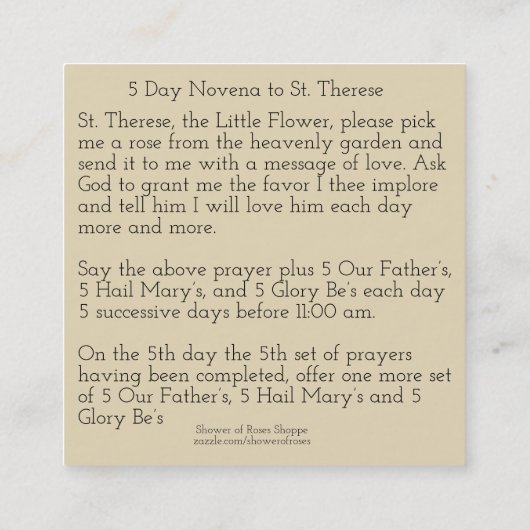 St.テレーズ小さい花のピンクのバラのNovena スクエア名刺 (裏面)