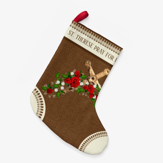 St.テレーズ小さい花の赤いバラの十字架像 スモールクリスマスストッキング (正面 (吊り時))