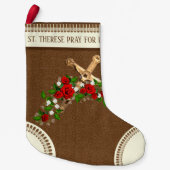St.テレーズ小さい花の赤いバラの十字架像 スモールクリスマスストッキング (正面)